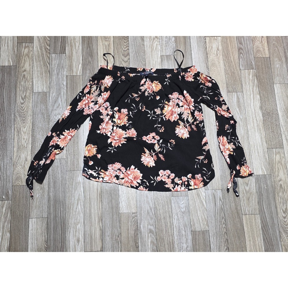 one clothing Black Floral Off-Shoulder Blouse with Pink/Peach Flowers